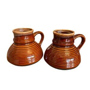 Set of 2 Vintage Ceramic Drip Glaze Pottery Wide Base No Spill Retro Coffee Mug